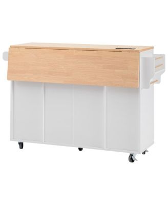 Fluted Kitchen Island with Storage, Drop Leaf, Power Outlet, 4 Doors, 3 Drawers