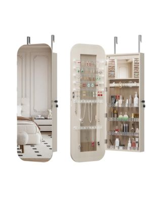 Jewelry Cabinet with Full Length Mirror, Jewelry Armoire Organizer, Lockable Storage Cabinet with Multiple Compartments, Door or Wall Mounted