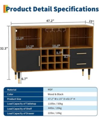 47" Wine Bar Cabinet with LED Lights & Charging Station, Modern Wood Coffee Bar Sideboard with Storage for Living Room & Dining