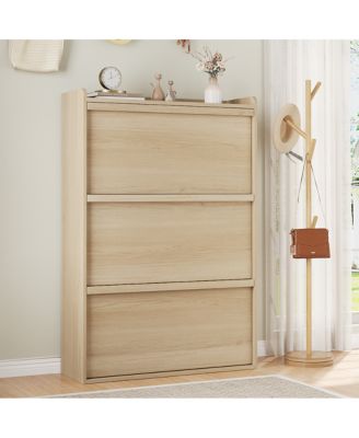 Natural Oak Freestanding Shoe Cabinet - 3 Flip Drawers + Drawer Adjustable Wooden Entryway Organizer