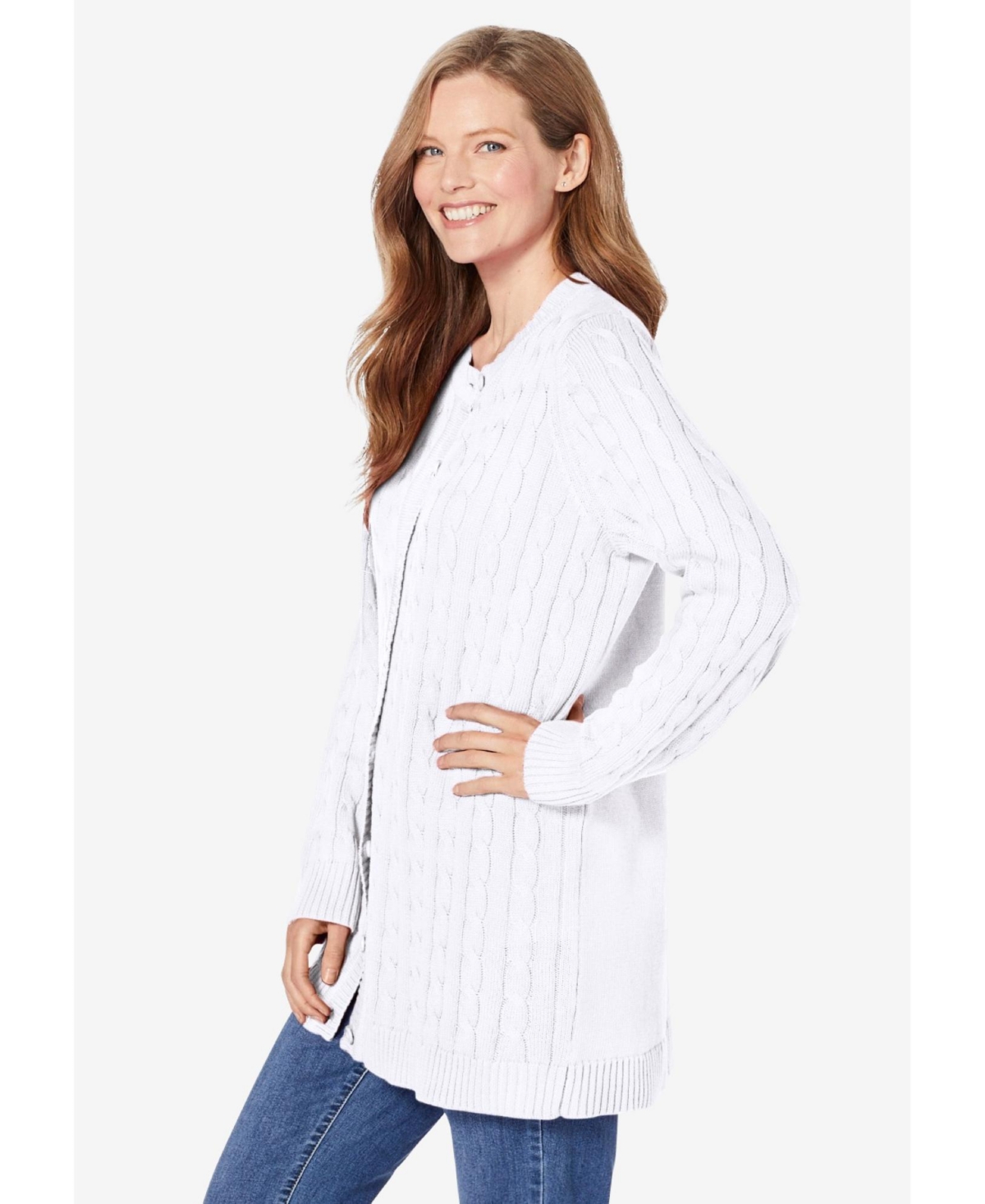 Woman Within Plus Cotton Cable Knit Cardigan Sweater
