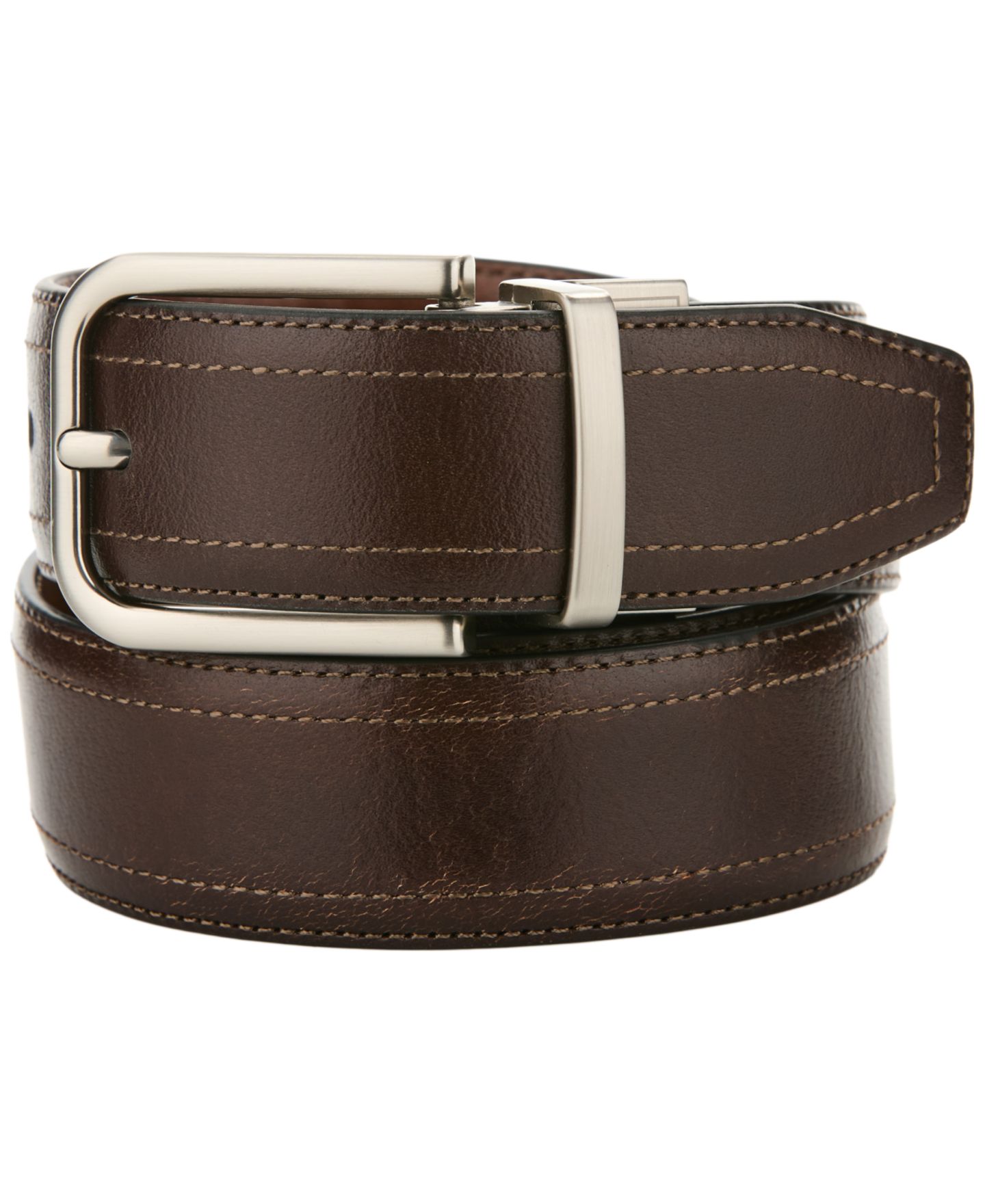 Мужской ремень Perry Ellis Portfolio Classic Stitch Leather Dress Belt, цвет: Коричневый — фото 1