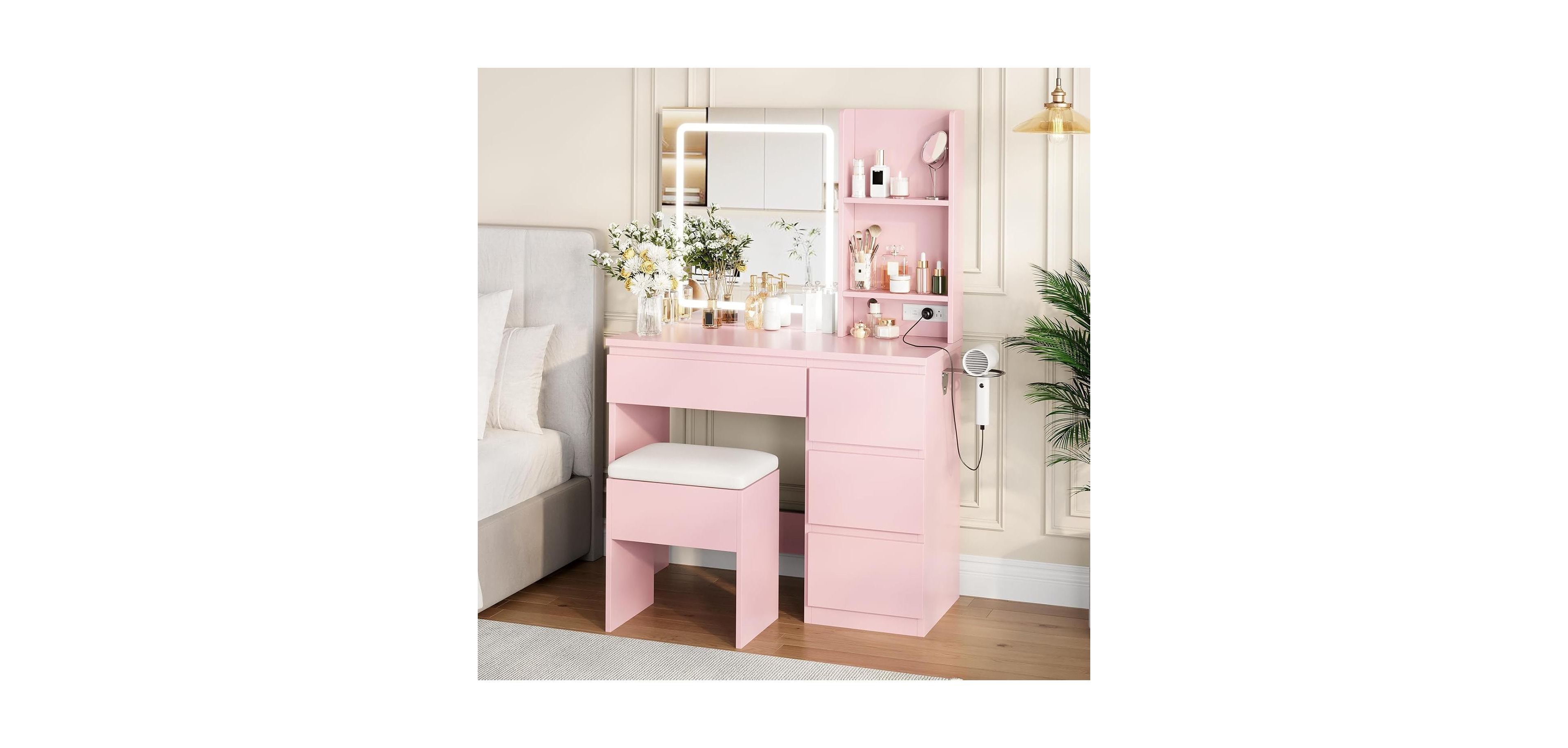 gaomon Vanity Desk with Mirror and Lights - Modern Makeup Dressing Table with Outlets/Storage Stool/4 Drawers and Hair Dryer Holder