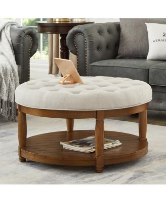 Large Tufted Linen Ottoman Coffee Table with Wood Shelf Storage