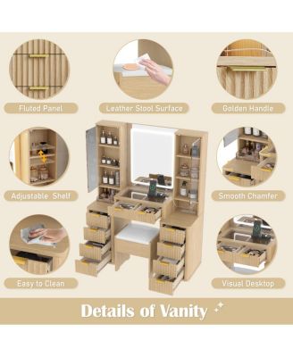43.5" Fluted Makeup Vanity Desk with Mirror, Lights, 10 Drawers, 2 Cabinets, Stool