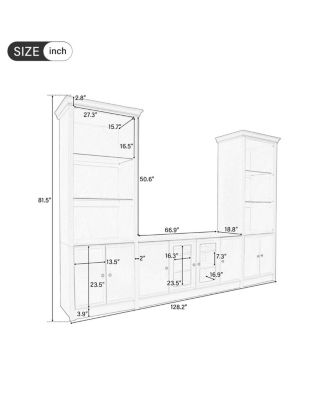128.2" W Entertainment Center with Bookshelves & Glass Cabinets