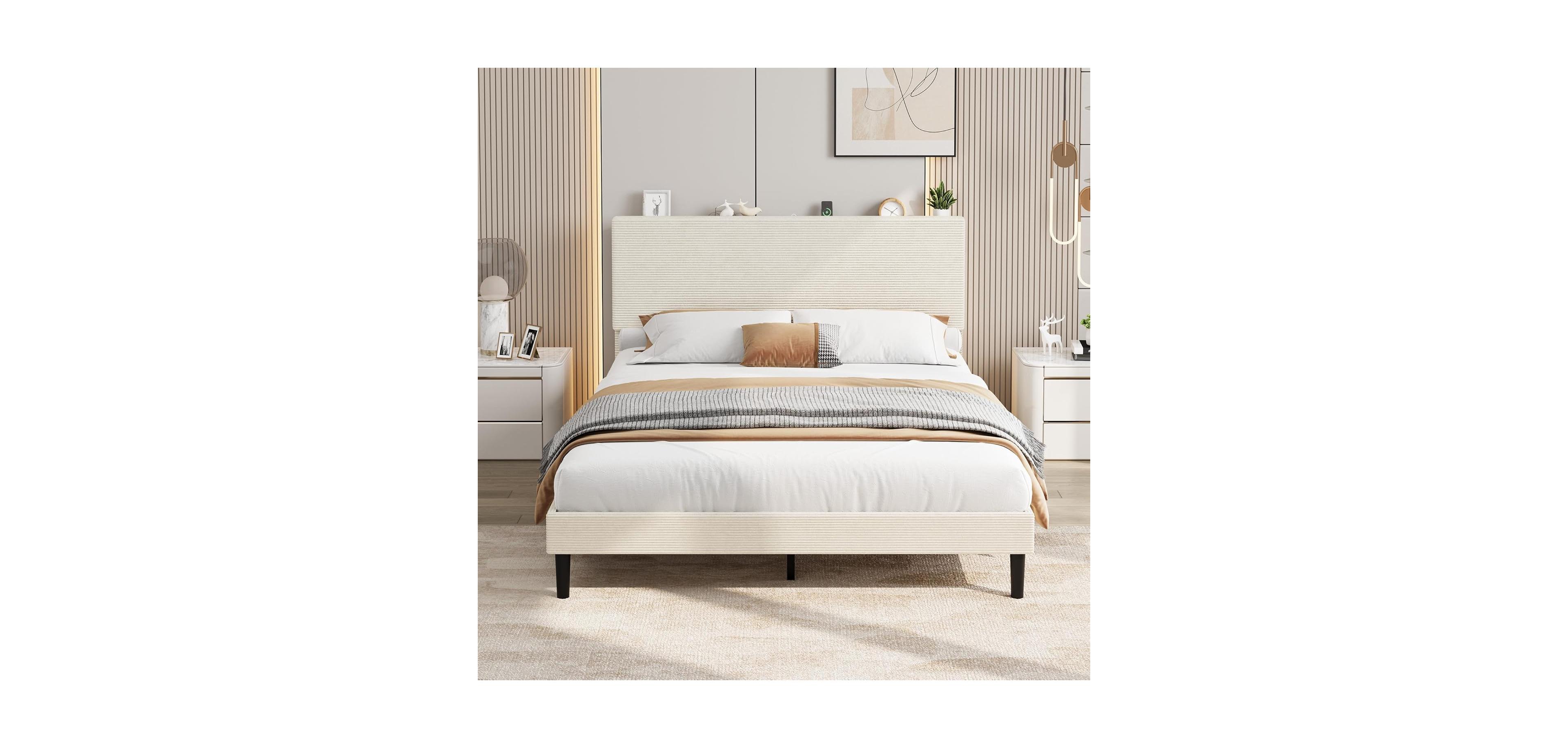 Gaomon Bed Frame with Usb Charging Station, Corduroy Upholstered Platform Adjustable Storage Headboard