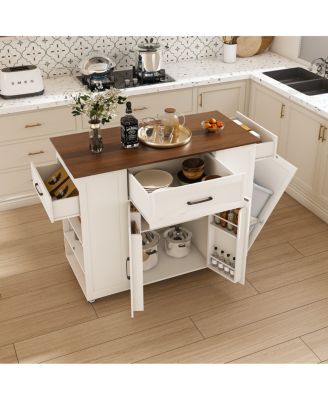 Rolling Kitchen Island with Storage & Power Outlet - Rustic Breakfast Bar Table