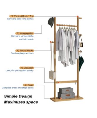 Solid Wood Coat Rack, Freestanding Clothes Organizer with Hanging Rod, Hooks, Storage Stand for Coats and Bags, Perfect for Entryway