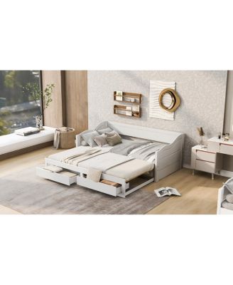Wooden Daybed with Trundle, Storage Drawers, Extendable Sofa Bed