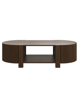  Oval Fluted Coffee Table with Storage, Rubber Solid Wood, Walnut, 47