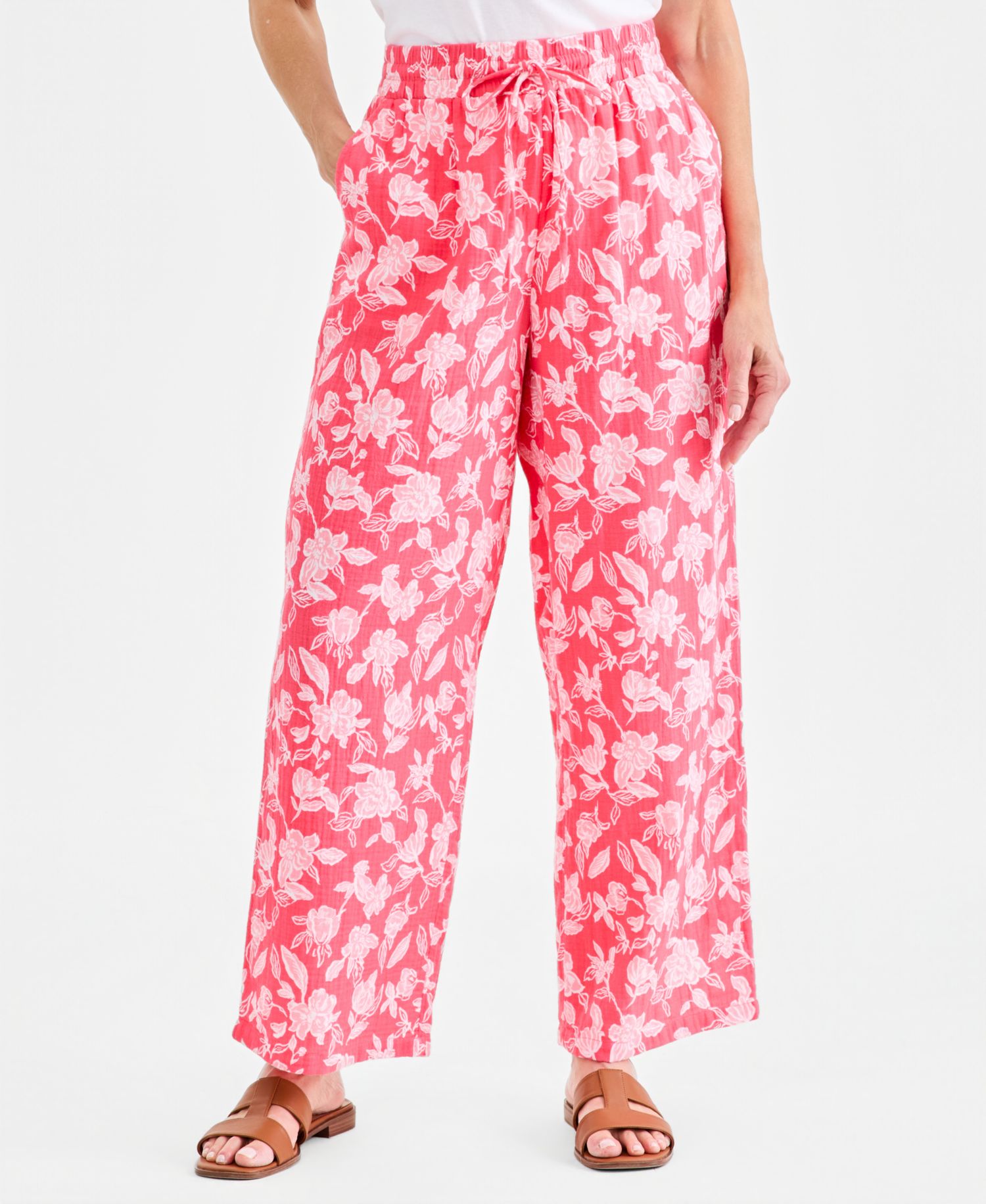 Women's Cotton Gauze Straight-Leg Pull-On Pants