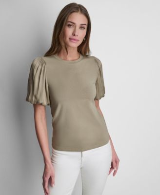 Women's Puffed Crew Neck Mix Media Knit Top