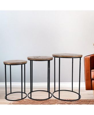 Warner Round Modern Rustic Solid Wood and Metal Nesting End Tables - Set of 3