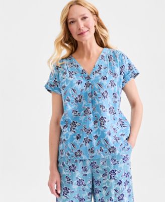 Women's Cotton Gauze V-Neck Short-Sleeve Top