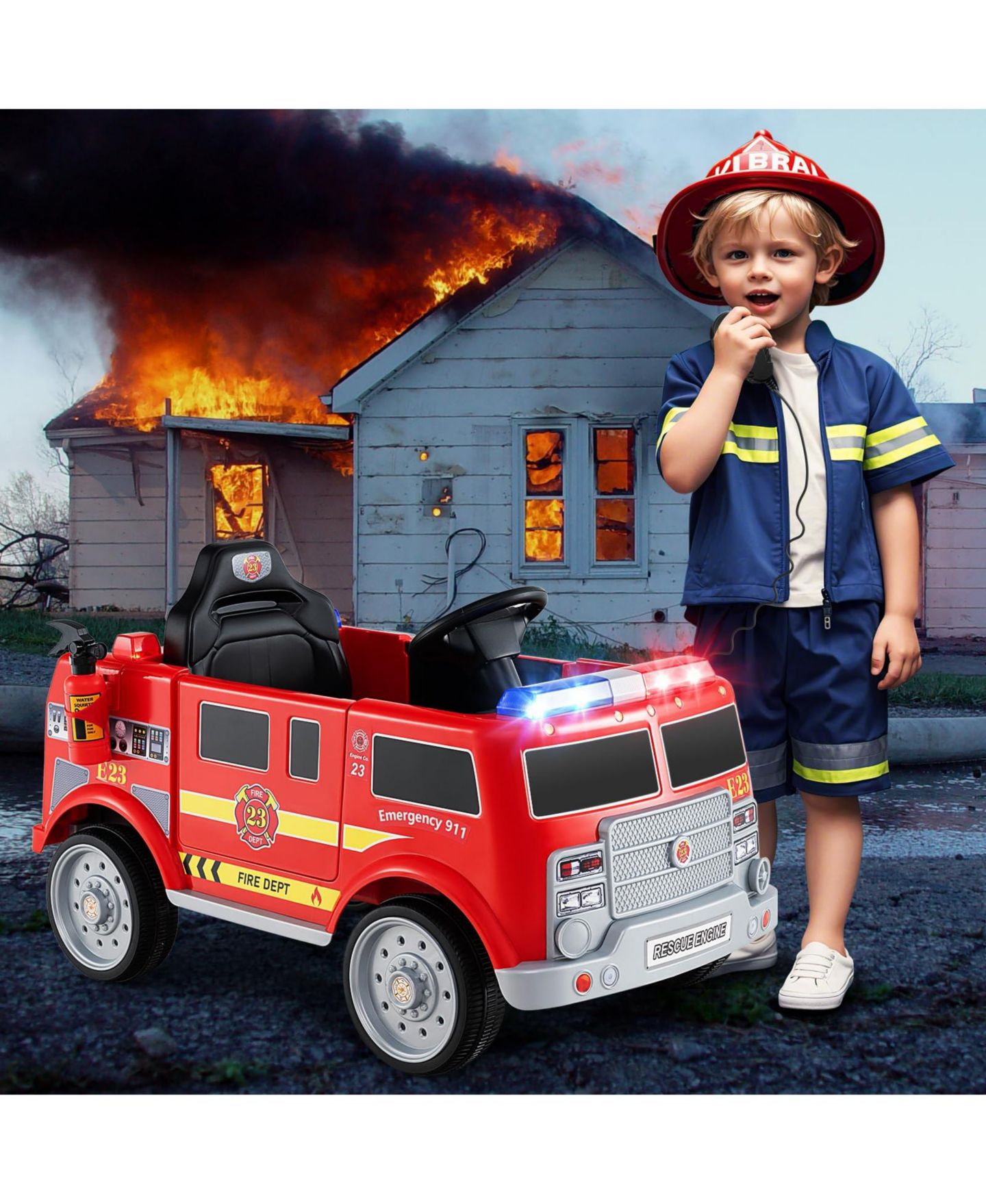 Детская игрушка Mecale Kids Ride-On Fire Truck with Remote Control and Dual Driving Modes, 1-Player, Ages 3-8, цвет: Красный — фото 2