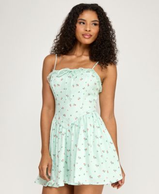 Juniors' Ditsy Floral Jacquard Lace Trim Bow Dress