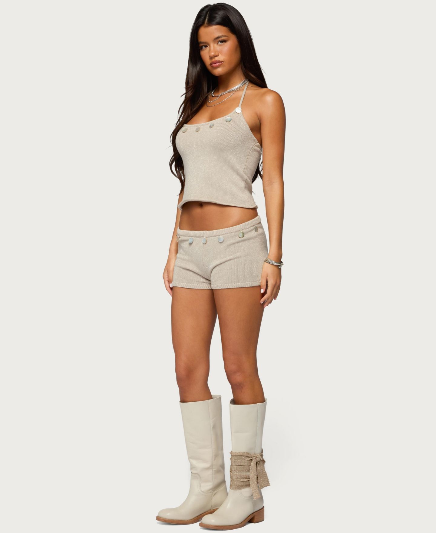 Женский топ Edikted Nicca Iridescent Knit Halter, цвет: Бежевый — фото 3