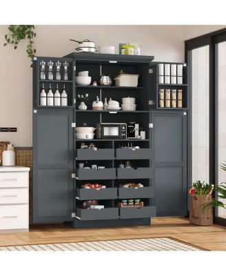 Freestanding Kitchen Pantry Cabinet, 4 Doors, 8 Trays