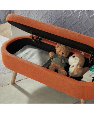  Luxury Oval Boucle Storage Ottoman Bench with Wood Legs