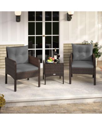 Set of 3 Outdoor Patio PE Wicker Furniture Set w/Cushions & Tempered Glass Coffee Table