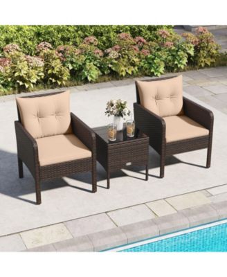 Set of 3 Outdoor Patio PE Wicker Furniture Set w/Cushions and Tempered Glass Coffee Table