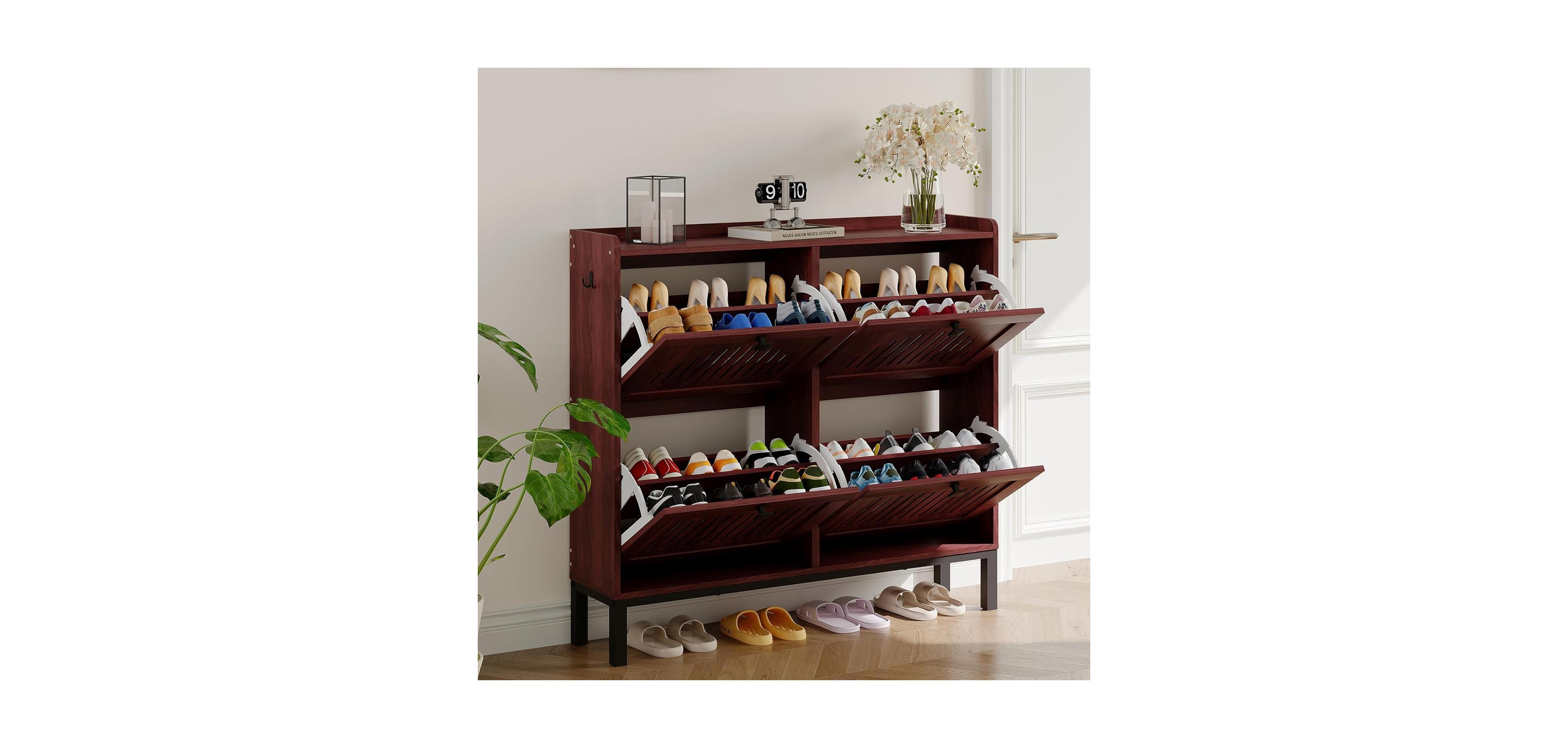 gaomon Shoe Storage Cabinet with 4 Flip Drawers, Modern Hollow-Out Panels, Adjustable Shoe Rack Organizer for Living Room or Bedroom