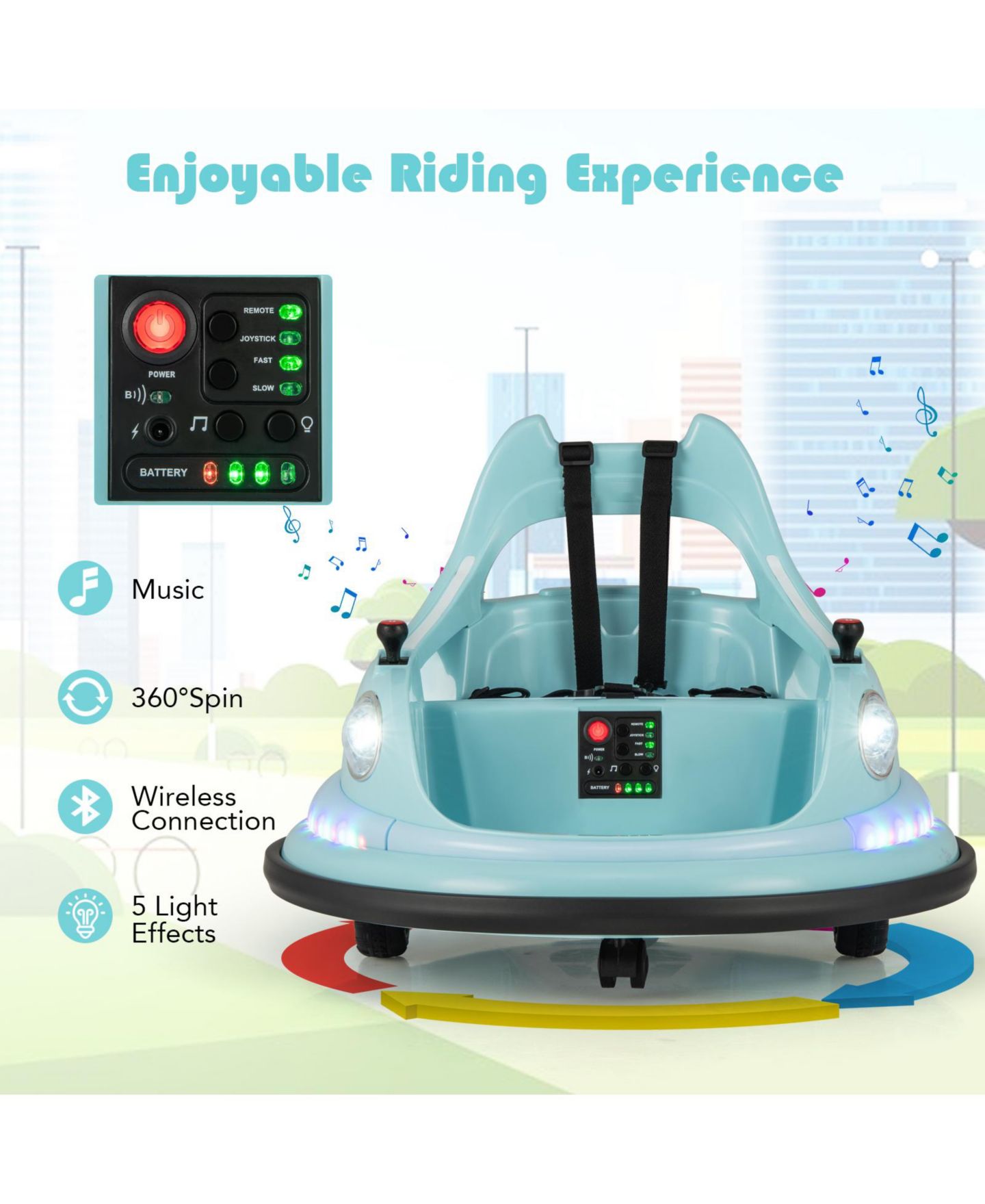Детская игрушка Mecale 12V Spinning Bumper Car with Remote Control Ride-On, 26.5"L x 25.5"W x 19"H, 3–8 лет, цвет: Синий — фото 4