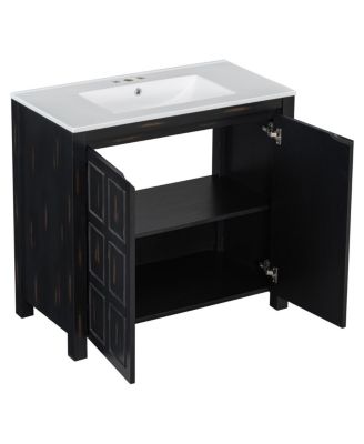 36" Antique Bathroom Vanity with Ceramic Sink, Solid Wood Frame & Soft Close Doors, Spacious Storage Cabinet for Modern Bathrooms