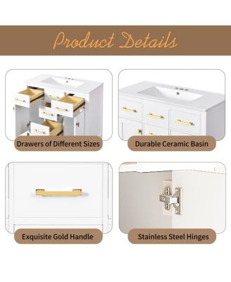 36" Modern Solid Wood Bathroom Vanity with Ceramic Sink, 4 Drawers & 2 Soft Close Doors Freestanding Cabinet