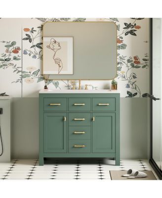 36" Modern Solid Wood Bathroom Vanity with Ceramic Sink, 4 Drawers & 2 Soft Close Doors Freestanding Cabinet