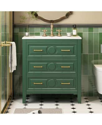 30" Bathroom Vanity with Ceramic Sink, Retro Solid Wood Cabinet & 3 Drawer Storage for Small Spaces