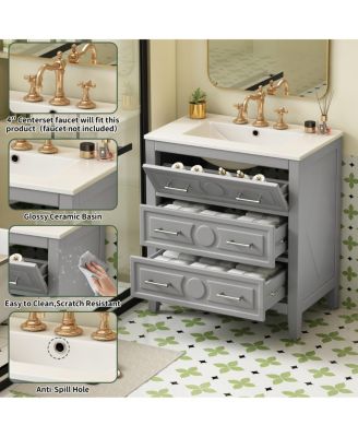 30" Bathroom Vanity with Ceramic Sink, Retro Solid Wood Cabinet & 3 Drawer Storage for Small Spaces