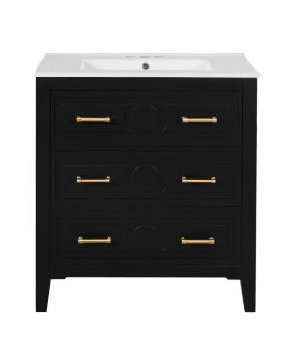30" Bathroom Vanity with Ceramic Sink, Retro Solid Wood Cabinet & 3 Drawer Storage for Small Spaces