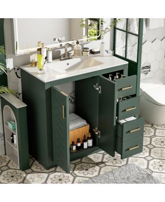 36" Bathroom Vanity with Ceramic Sink, Modern Solid Wood Cabinet & Ample Storage Drawers for Small Spaces