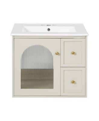 24" Wall Mount Bathroom Vanity with Glass Door, Ceramic Sink & 2 Drawers, Space Saving Storage for Small Bathrooms