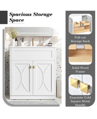 30" Modern Bathroom Vanity with Ceramic Sink, Retractable Rack & Large Storage Cabinet for Small Spaces