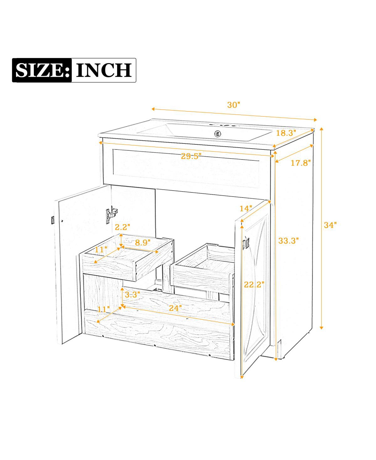 Sillysis 30" Modern Bathroom Vanity with Ceramic Sink, Retractable Rack & Large Storage Cabinet for Small Spaces