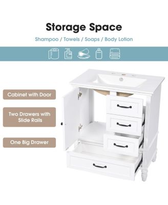 30" Modern Bathroom Vanity with Ceramic Sink, Freestanding Acacia Wood MDF Cabinet with 3 Drawers & Door