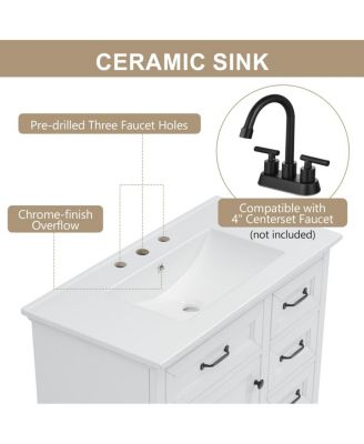 36" Bathroom Vanity with Ceramic Sink, Classic Modern Rubber Wood Cabinet & Ample Drawer Storage for Small Spaces