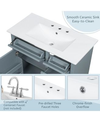 36" Bathroom Vanity with Ceramic Sink, Classic Modern Rubber Wood Cabinet & Ample Drawer Storage for Small Spaces