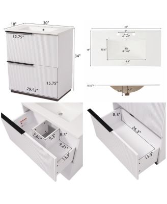 30" Modern Fluted Bathroom Vanity Cabinet with Ceramic Sink, Soft Close Drawers & Storage for Small Bathrooms