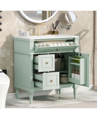 30" Bathroom Vanity with Ceramic Sink, Modern  Solid Wood Freestanding Bathroom Cabinet for Small Spaces
