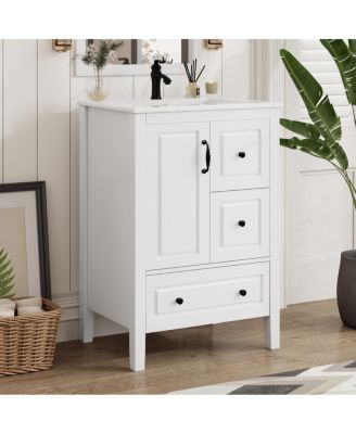 24" Light Green Bathroom Vanity with Ceramic Sink, Freestanding Retro MDF Cabinet, Soft-Close Drawers, Ample Storage for Small Spaces