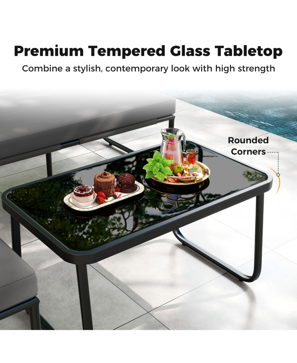 Gymax Set of 4 Patio Furniture Set w/Cushions & Tempered Glass Coffee Table for Garden