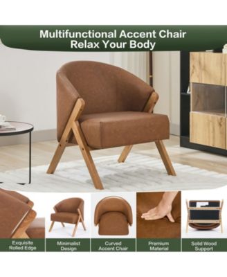 Mid-Century Modern Linen Upholstered Reading Armchair, Solid Wood Frame Comfortable Side Chair for Home