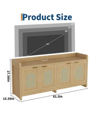 Natural Rattan TV Stand for 65 Inch TV, Modern Entertainment Center with Glass Doors & Cabinet, 61.5 Inch Console Table