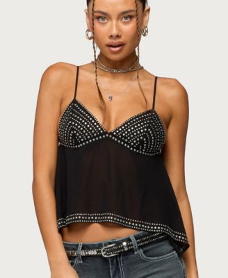 Women's Studded Asymmetric Sheer Babydoll Top