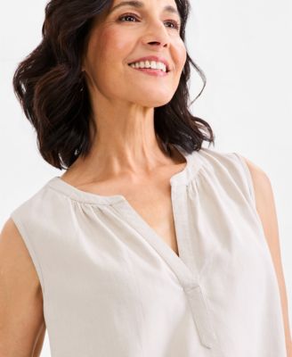 Women's Linen Blend Sleeveless Split-Neck Top