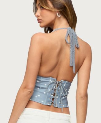 Women's Lacey Polka Dot Lace Up Halter Top